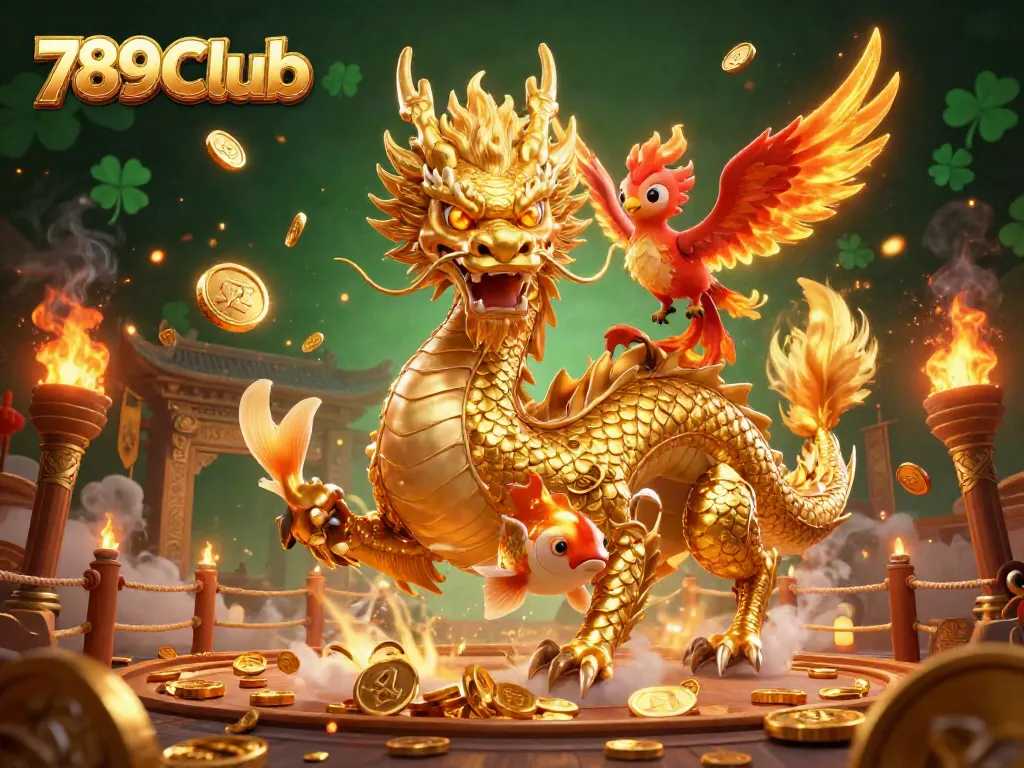 Engage in thrilling 789Club gameplay with a golden dragon and phoenix in a vibrant casino scene.