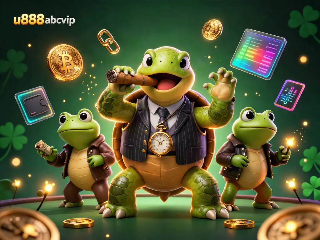 Win big with U888 ABCVIP in this vibrant casino scene featuring a cartoon turtle and enforcers.