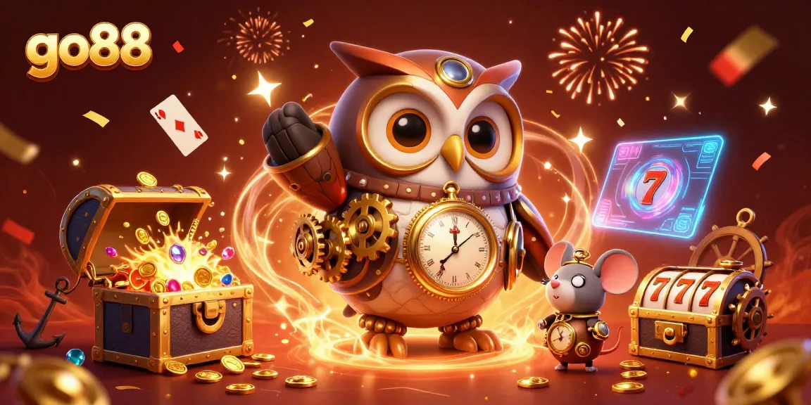Experience exciting games at go88 with vibrant casino elements amid a steampunk backdrop.