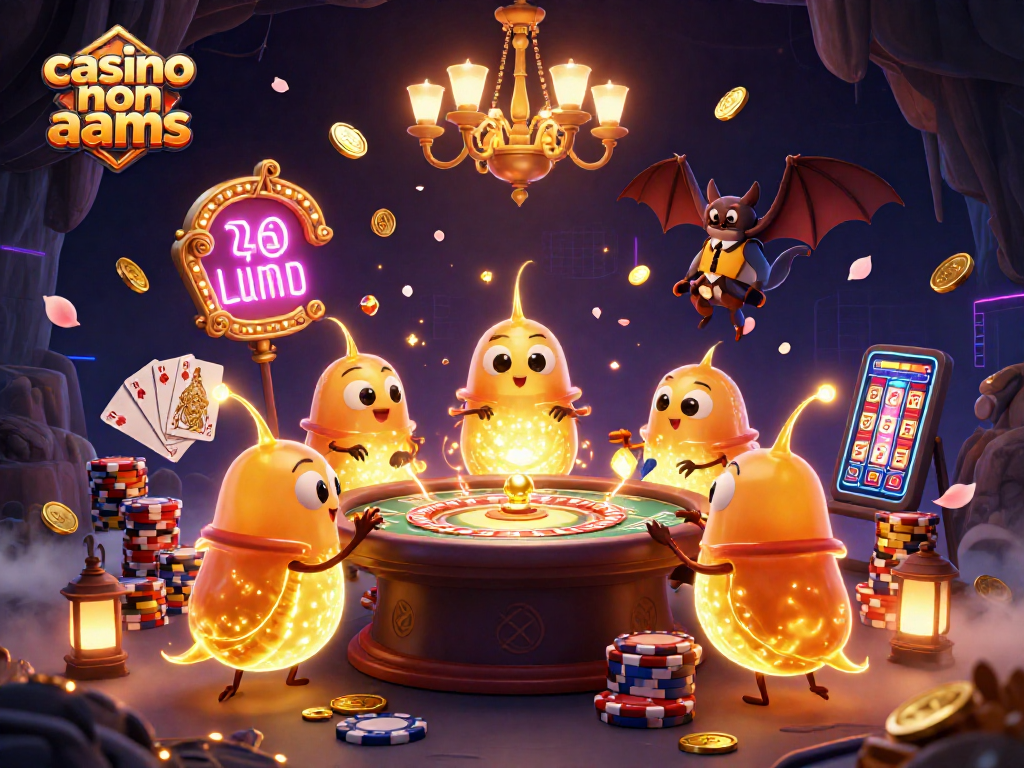 Illustra i giochi di casino non aams con larve scintillanti e un dealer pipistrello.