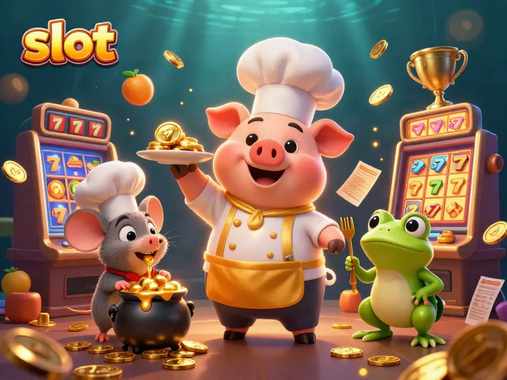 Frog critic, chef pig, dan mouse sous-chef beraksi dengan slot, simbol keberuntungan, dan koin emas