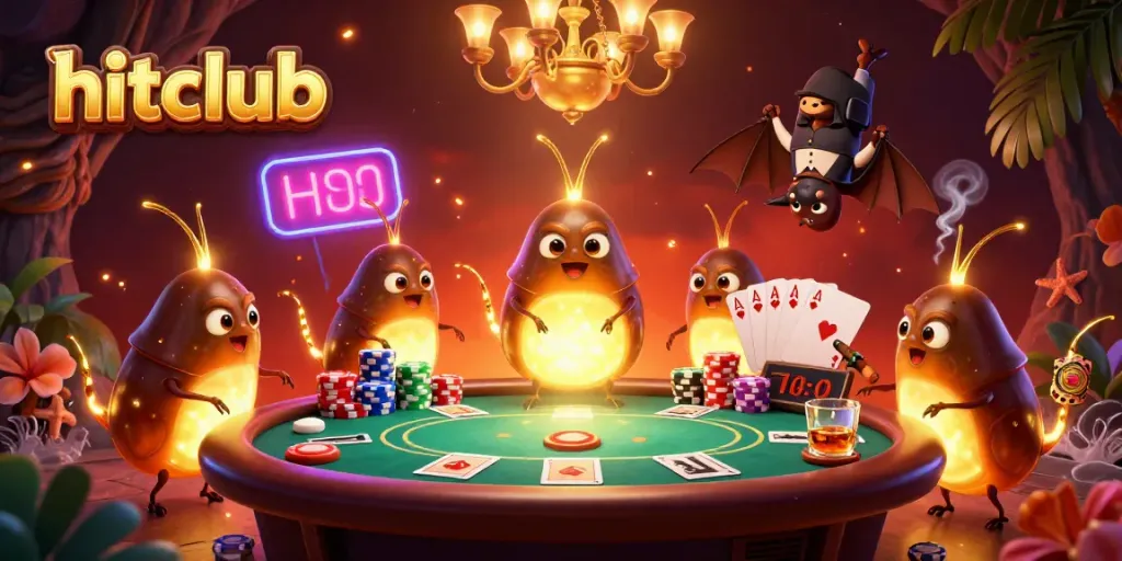 Engage in thrilling poker actions at hitclub with dynamic illuminated glowworms and a bat dealer in a vibrant casino environment.