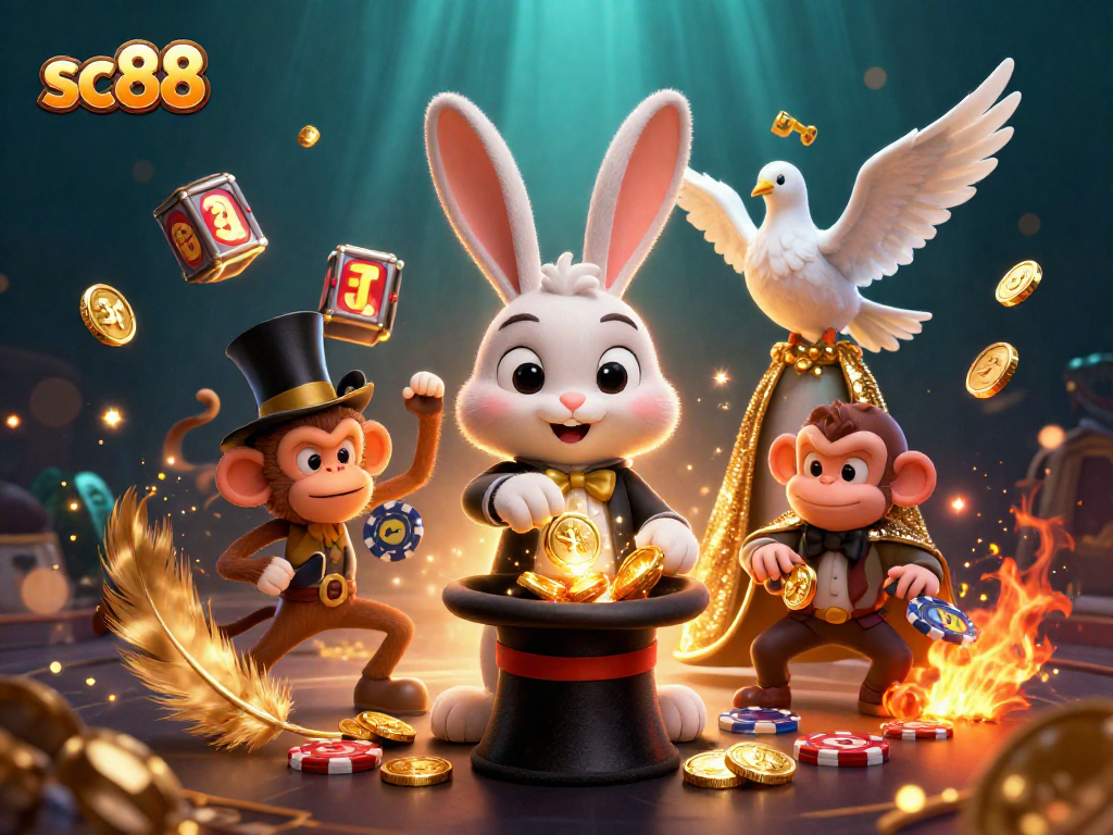 Engage with sc88's thrilling casino adventure featuring a magician rabbit, dove, and monkey amidst slot reels.