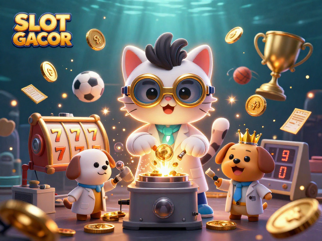 SLOT GACOR dynamic scene with a mad scientist cat and lab dog creating a jackpot game