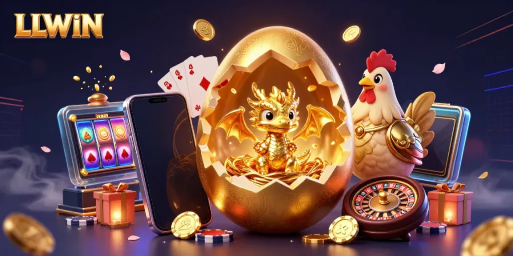 Experience LLWIN's thrilling casino gaming scene with a golden egg cracking open, revealing a treasure of fun and excitement.
