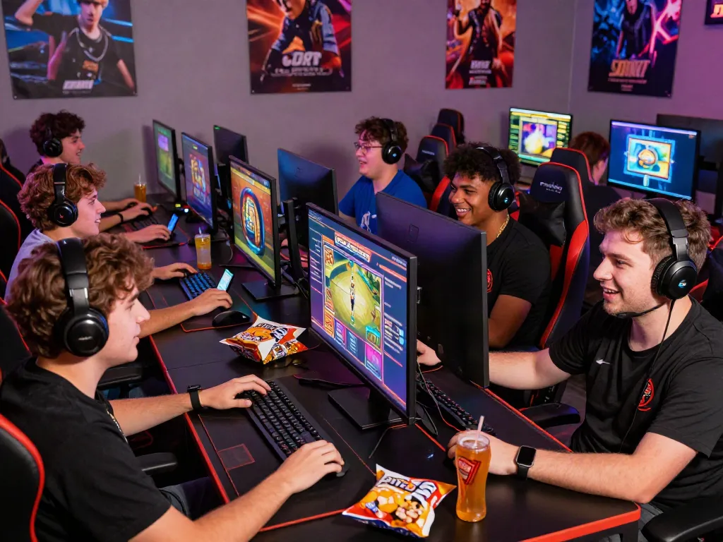 Players enjoying slot online games at vibrant gaming desks, showcasing excitement and engagement.