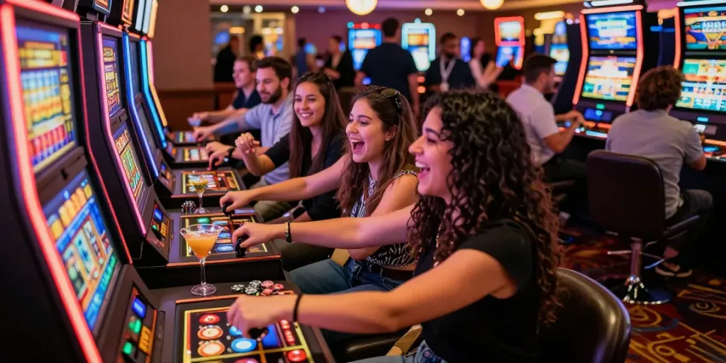 Exciting slot888 gaming moment with friends celebrating wins in a lively casino.