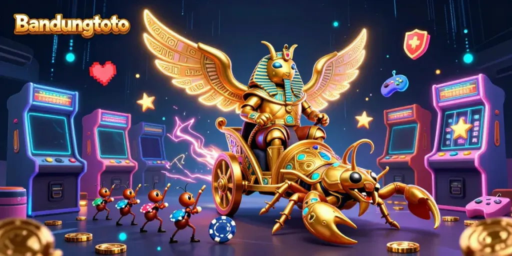 Experience the excitement of bandungtoto with stunning casino-themed visuals of golden beetles and game elements.