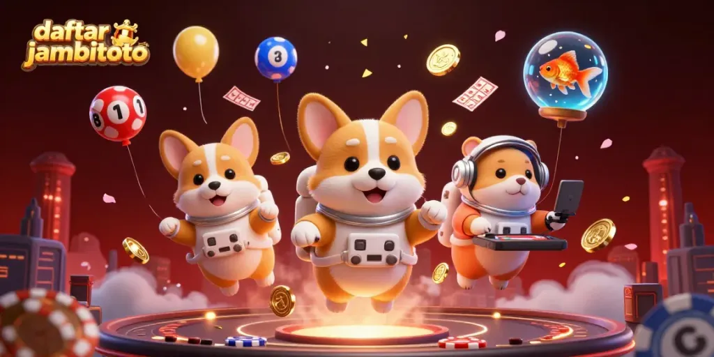Experience the thrill of daftar jambitoto with a vibrant space-themed lottery scene featuring a floating corgi and interactive game elements.