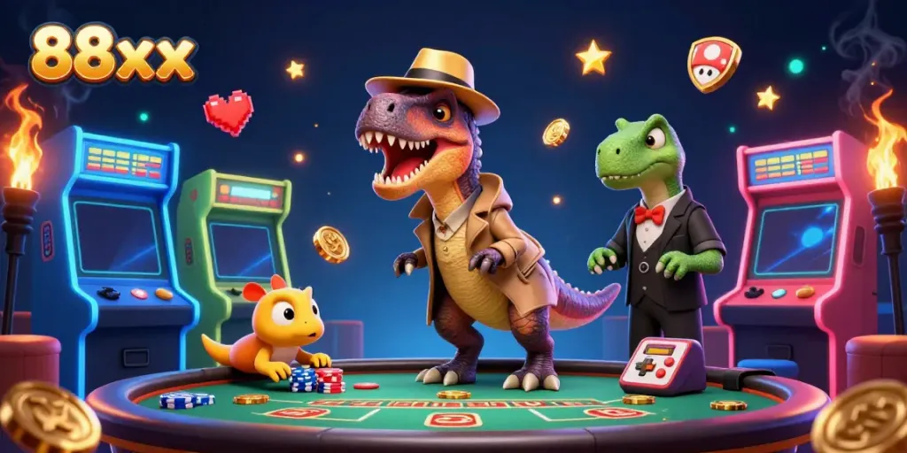 Experience thrilling gameplay at 88xx with a cartoon velociraptor card counter and other gaming elements.