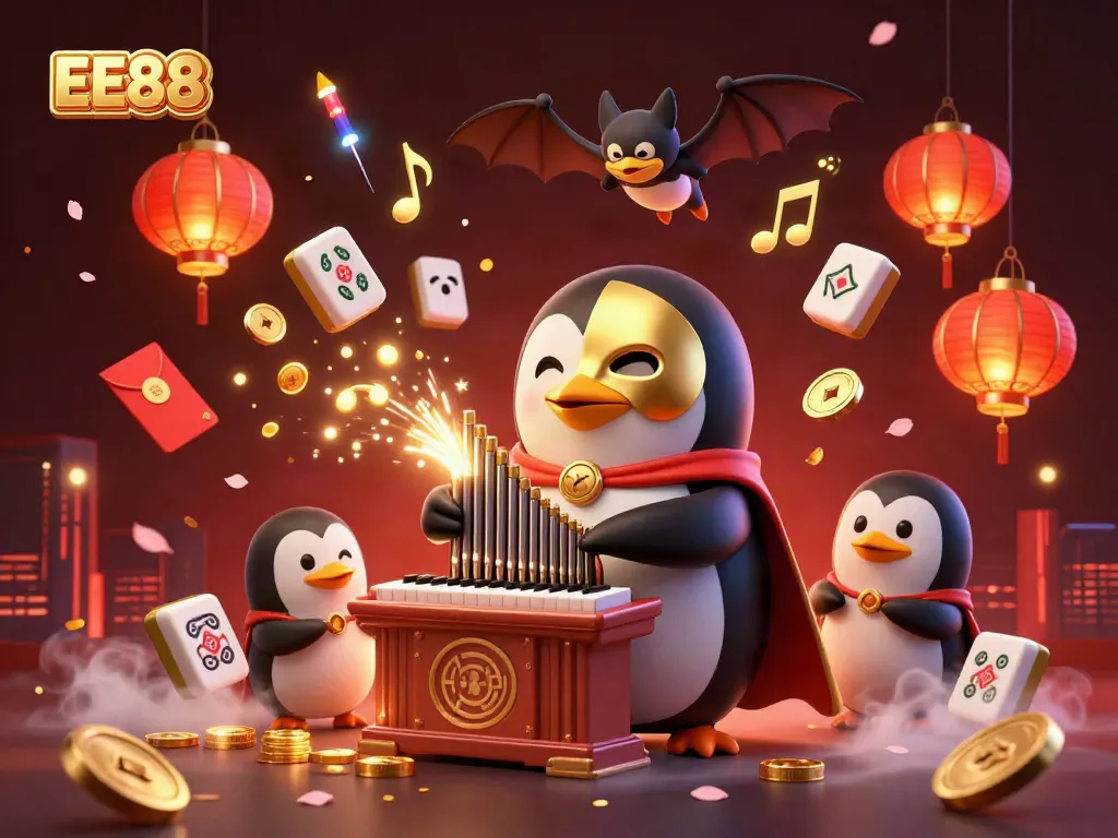 Experience the excitement of EE88 with a whimsical casino scene featuring a phantom penguin and golden treasures.