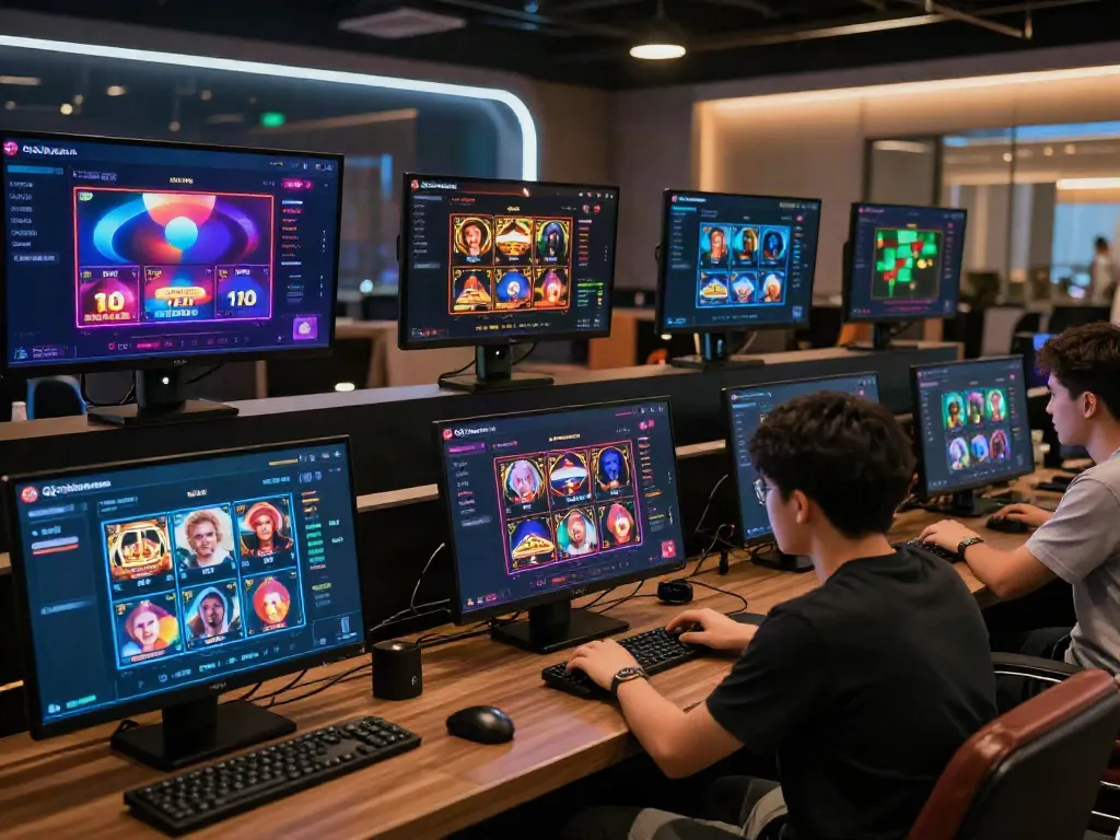 qqmacan gaming platform interface showcasing live games and player engagement in a modern lounge.