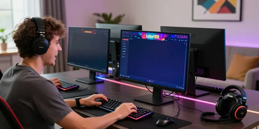 Exciting online gaming moment showcasing loket88 interface on desktop, vibrant atmosphere and accessories.