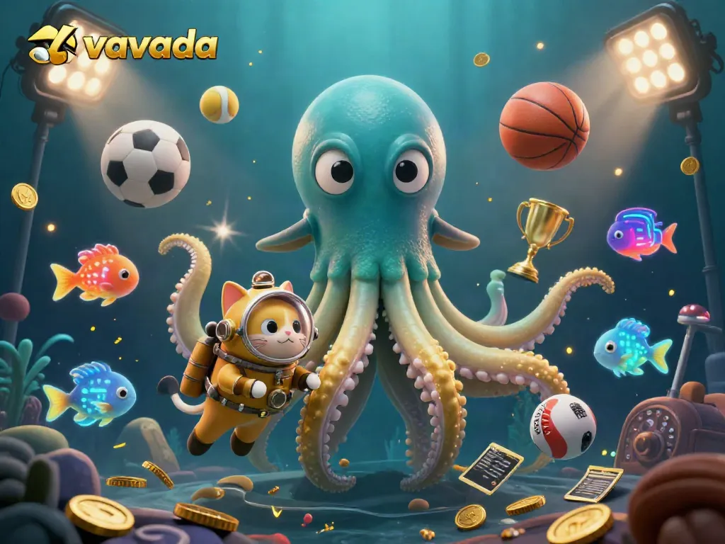 Experience thrilling wins at vavada with a vibrant 3D casino scene featuring a kraken, diving cat, and rich game elements.