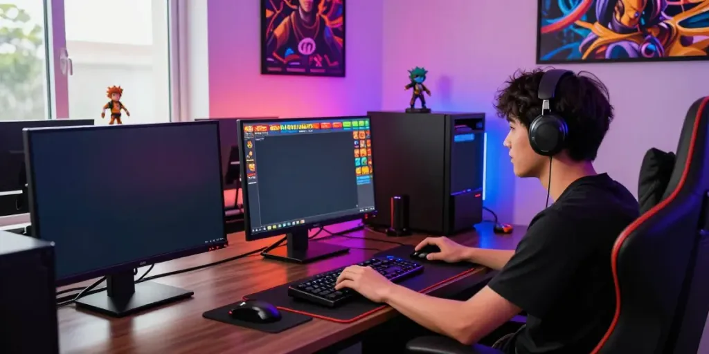 Player engaging with Slot MAHJONGJP88 games in a lively gaming setup.