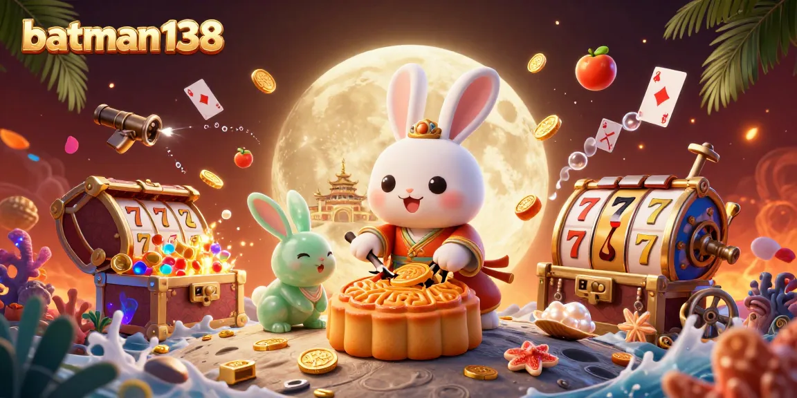 batman138 menampilkan kelinci bulan dan jade rabbit di kasino, dikelilingi simbol slot dan koin emas