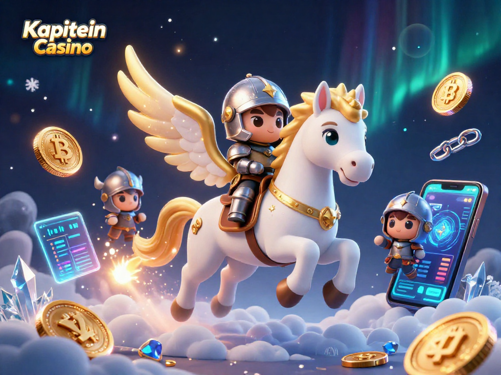 Kapitein Casino menghadirkan suasana magis dengan kuda putih bersayap dan elemen kripto yang berkilauan.