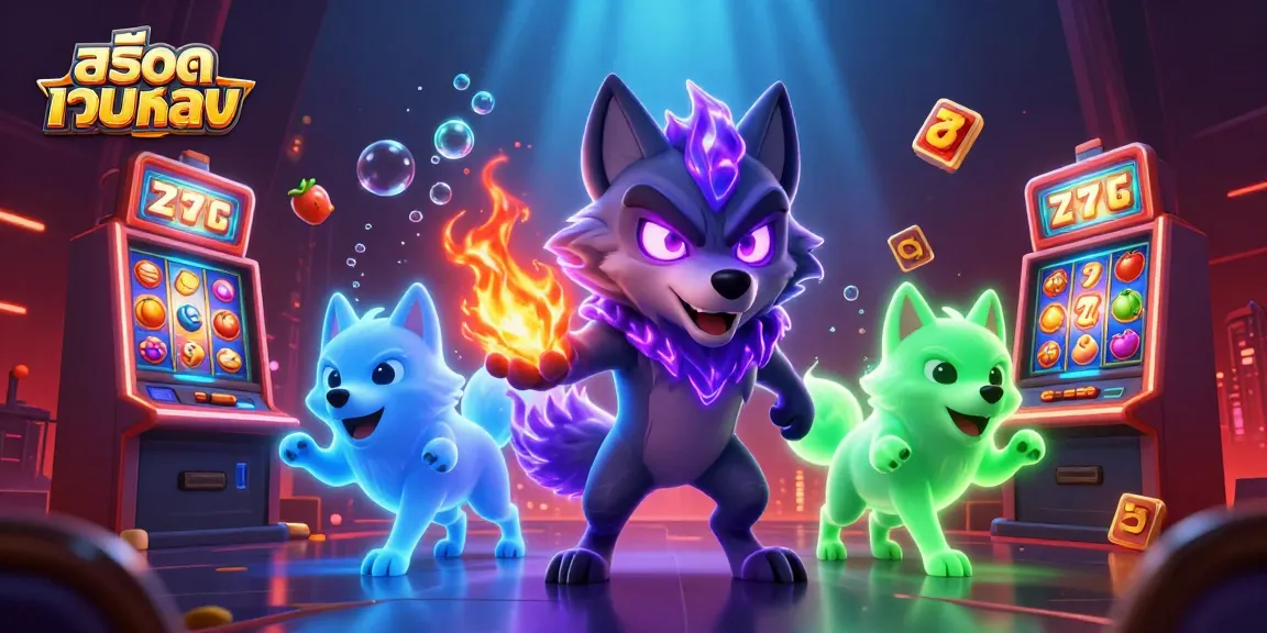 Engage with exciting สล็อตเว็บตรง gambling scenes featuring wolves, vibrant slot machines, and jackpot counters.