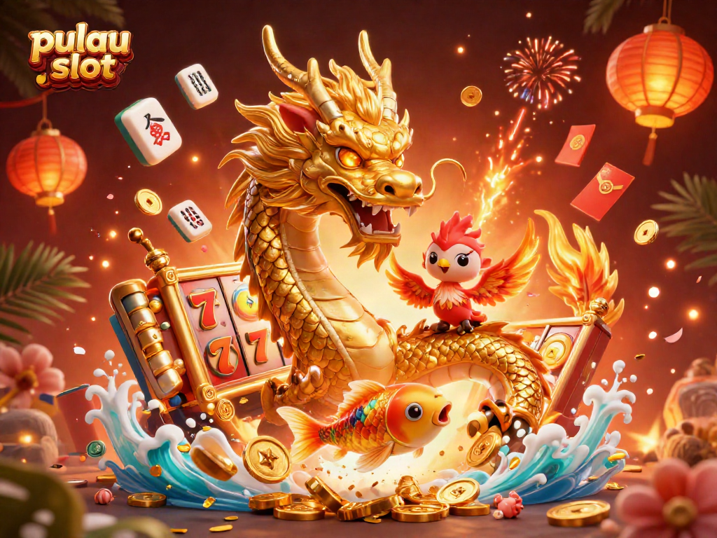 Experience pulau slot gaming excitement with a golden dragon, phoenix, and koi fish amidst vibrant symbols.