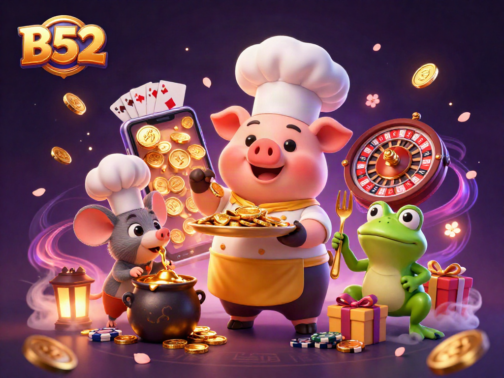 B52 reveals winning strategies with a pig chef, mouse, and frog in a vibrant casino scene.