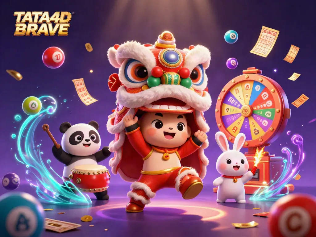 TATA4D BRAVE captures the excitement of lottery games with playful characters amid vibrant gaming elements.