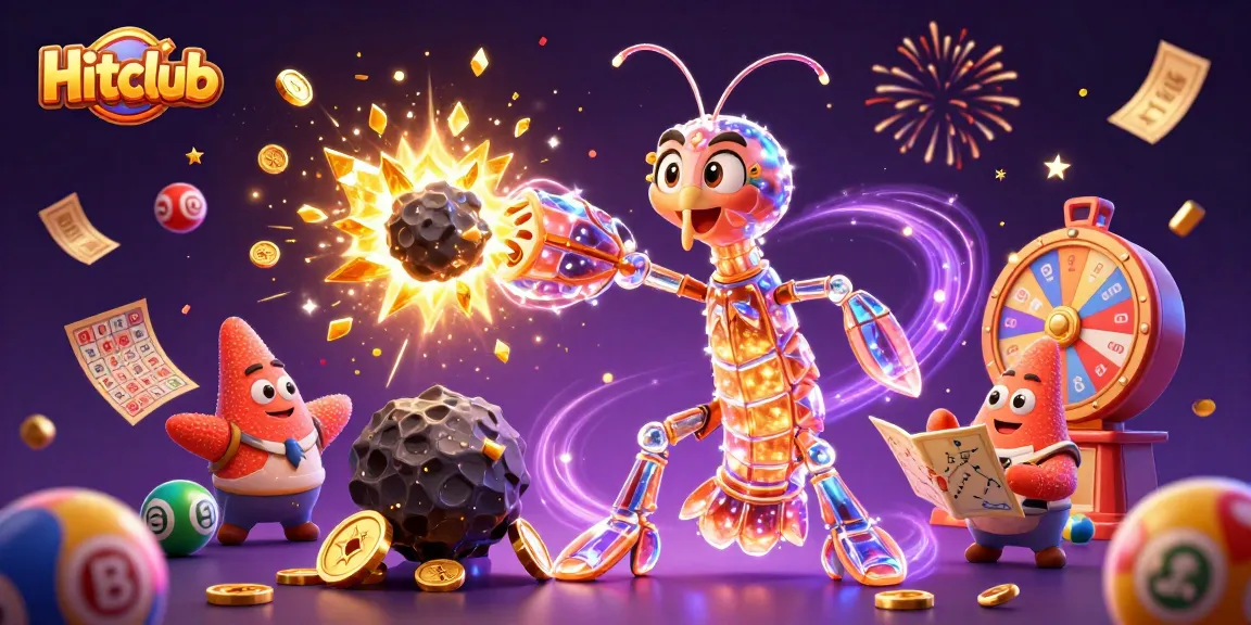 Hitclub showcases a vibrant scene of a mantis shrimp heroically smashing an asteroid, scattering golden gems.