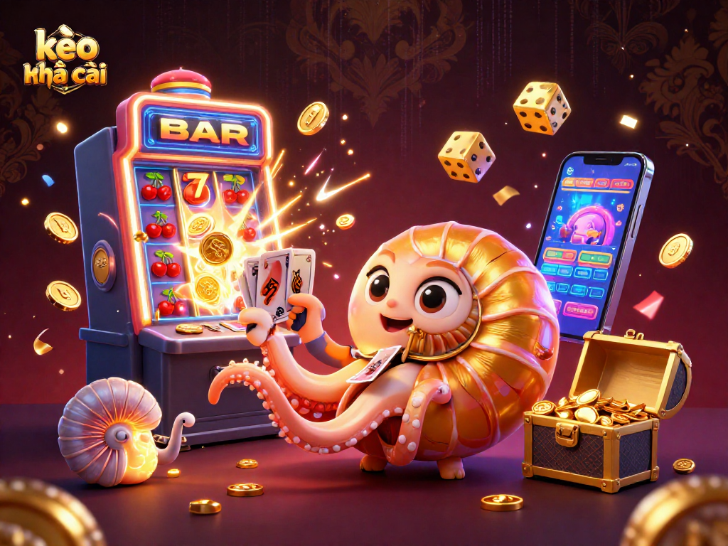 Experience thrilling kèo nhà cái excitement with a vibrant 3D scene featuring a nautilus roulette wheel and jackpot slots.
