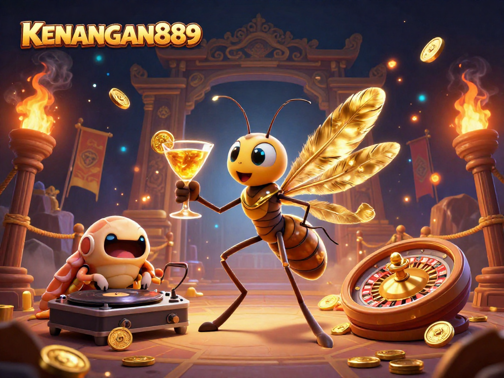 Experience KENANGAN889's vibrant casino atmosphere with animated characters and dynamic gold elements.