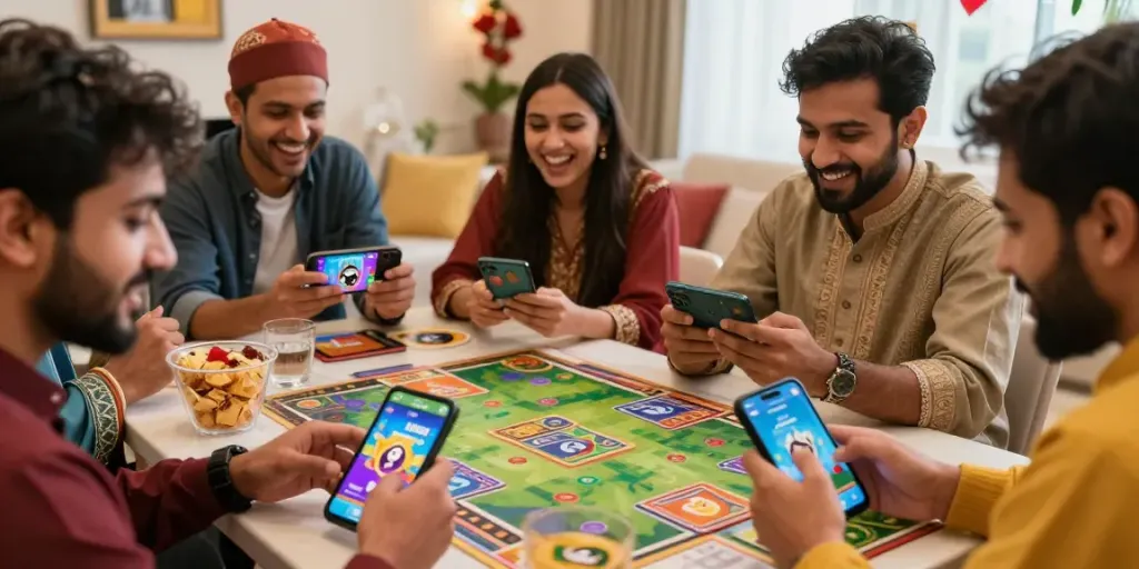 Players enjoying the 3 Patti No1 app in a lively gaming environment with colorful visuals and camaraderie.