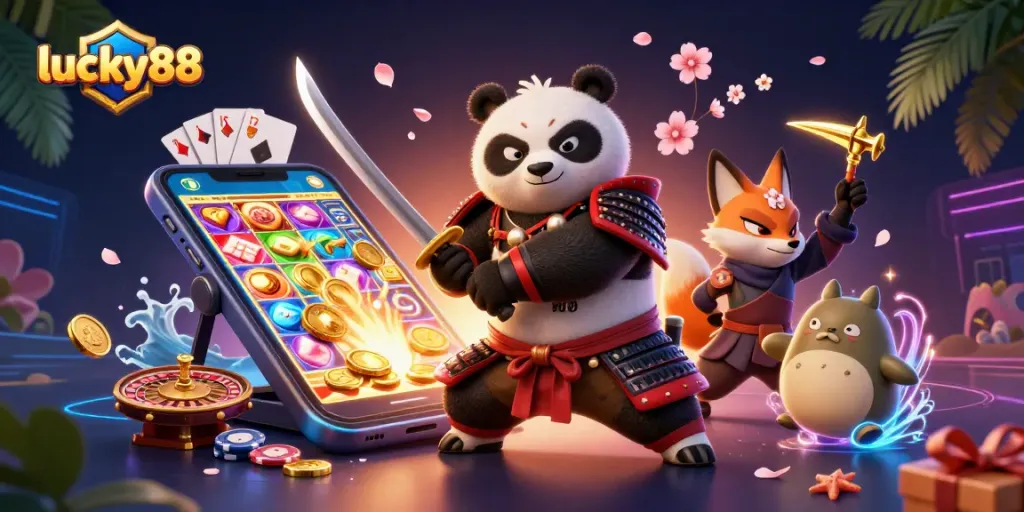 Engage with lucky88 through a thrilling slot game scene featuring colorful characters and exciting casino elements.