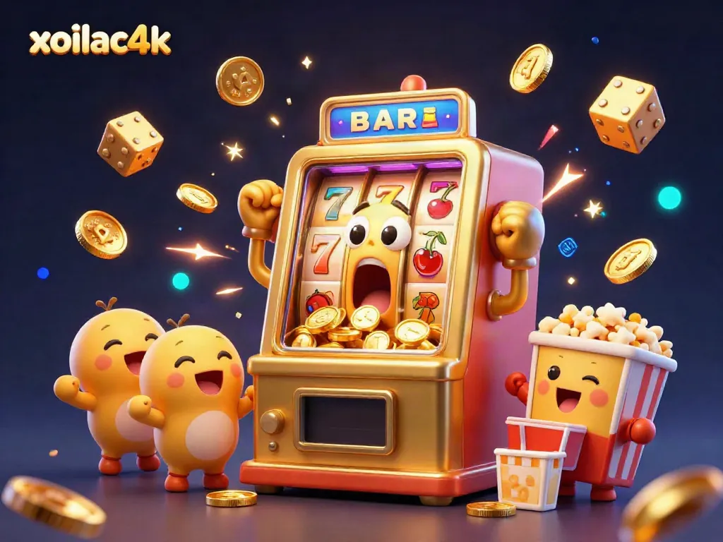 Experience the excitement of xoilac4k with a cartoon slot machine bursting with coins and cheering companions, celebrating a jackpot.