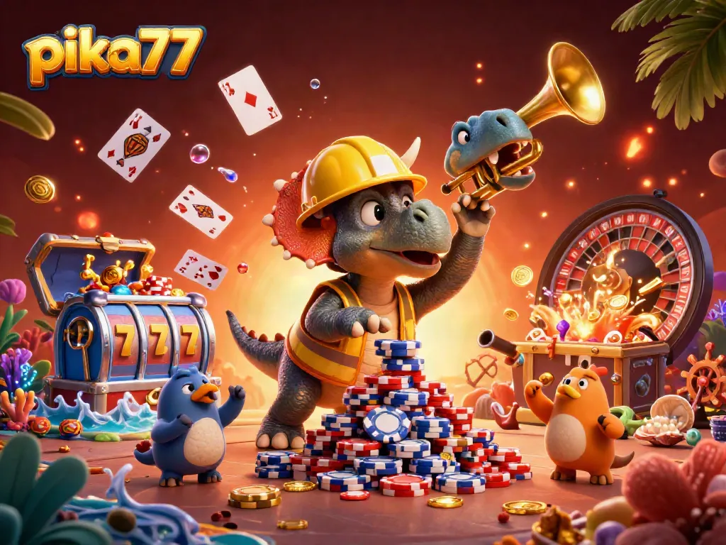 Pika77 enhances gaming excitement with lively dinosaur characters celebrating casino wins.