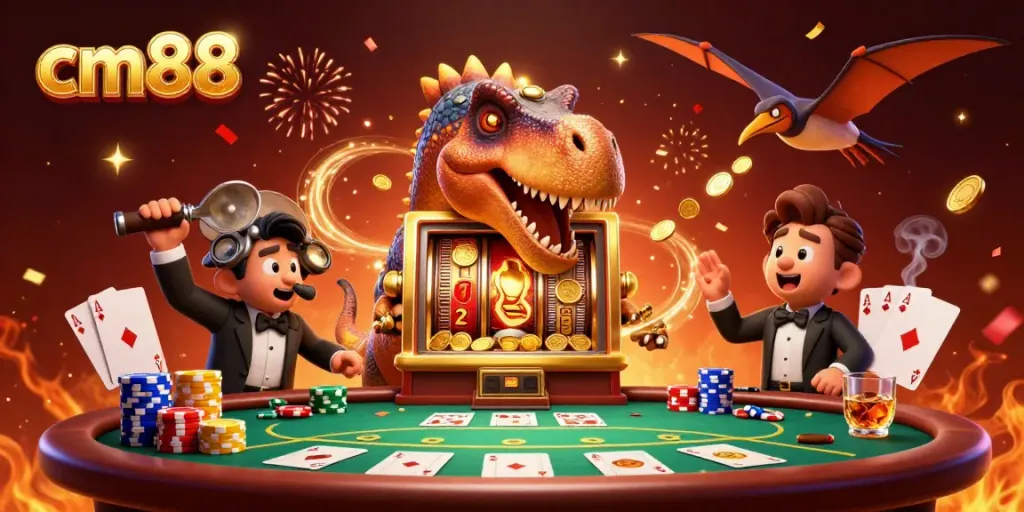 Spinning the cm88 slot machine for jackpot coins while a dinosaur manager cheers.