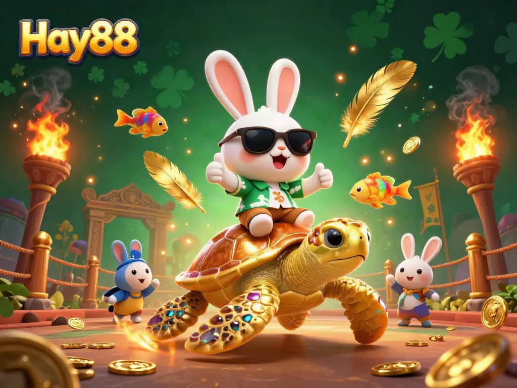 Engage with Hay88 casino through a vibrant 3D scene of gaming adventures with a lucky rabbit and a golden sea turtle.