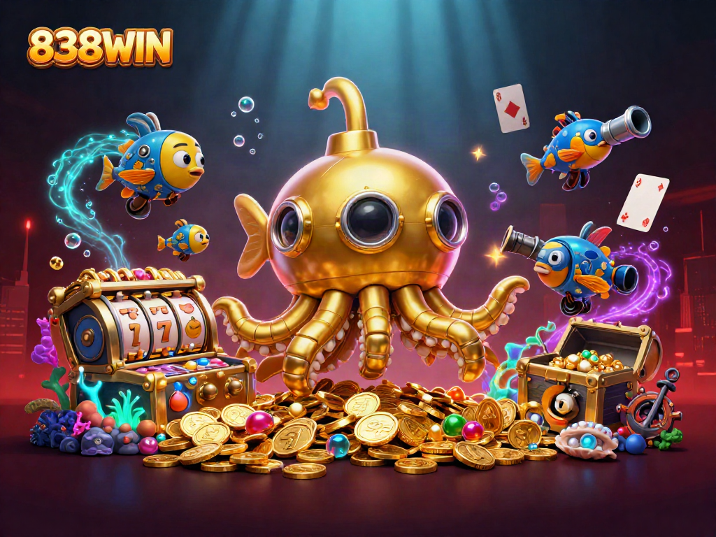 Experience thrilling slot games with 838WIN featuring a golden kraken submarine amidst treasures.