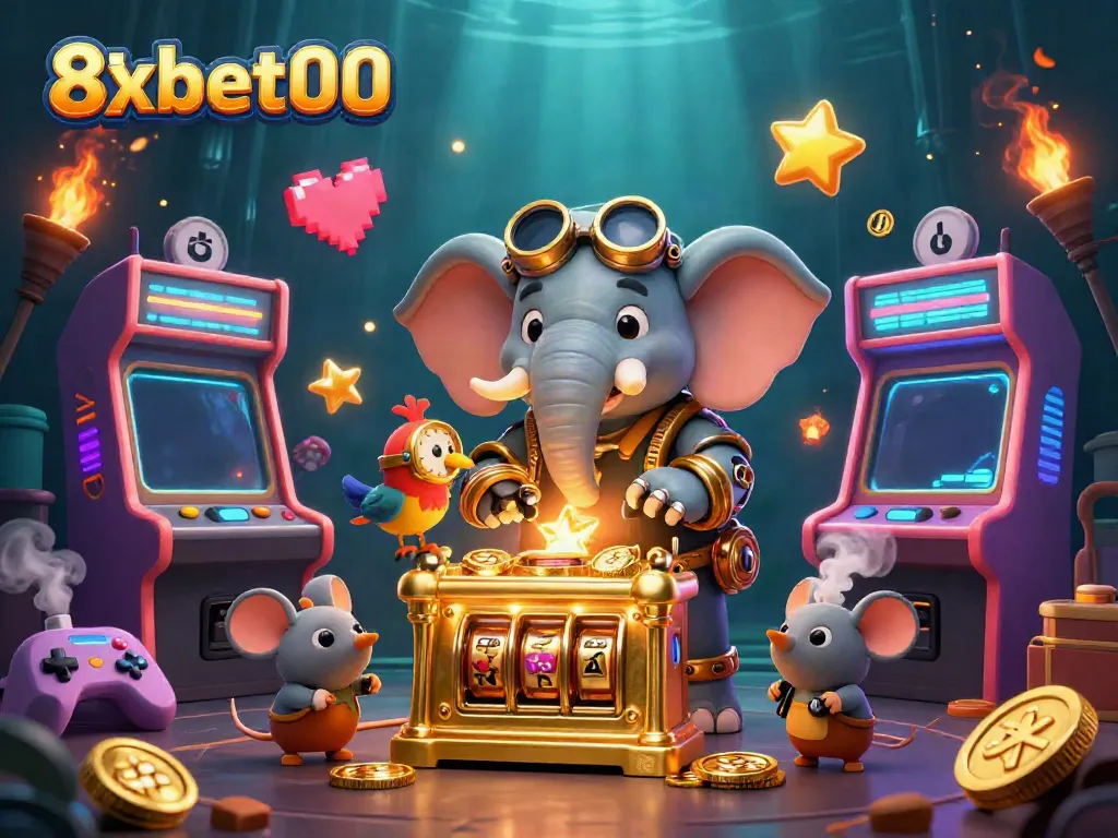 Experience thrilling gaming action at 8xbet00 with a vibrant steampunk casino setting and fun colorful elements.