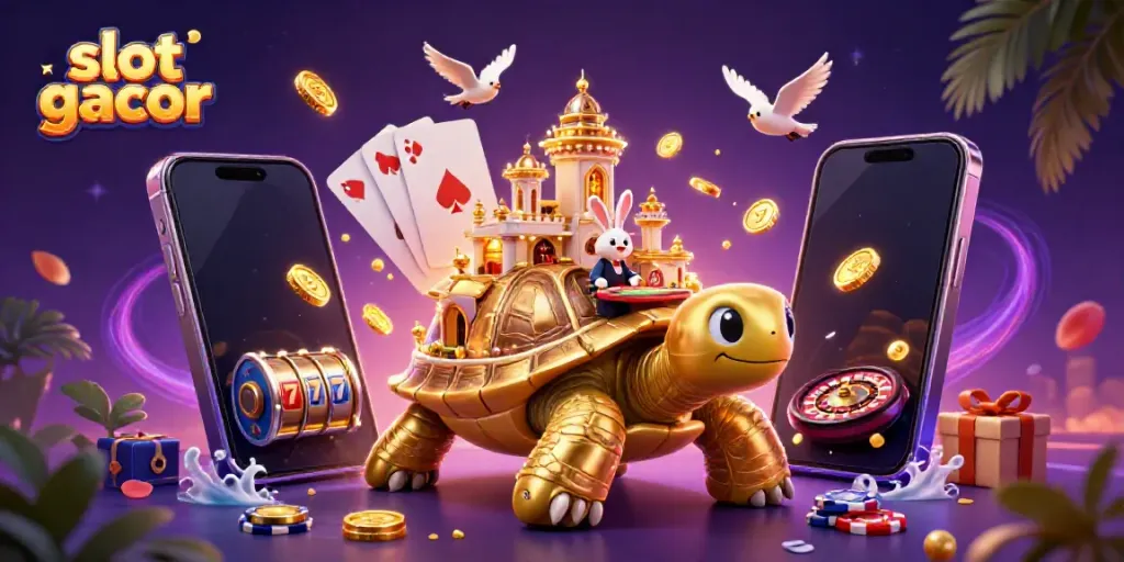 Engaging scene of a golden tortoise with a casino on its shell, showcasing slot gacor elements.