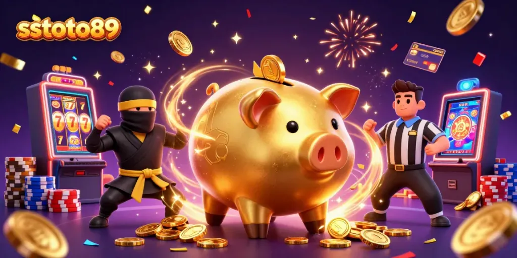 sstoto89 menghadirkan ilustrasi kasino 3D dengan uang koin emas berhamburan dan karakter atraktif.