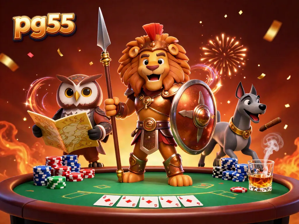 Experience the thrilling atmosphere of pg55 with a 3D illustration of a Spartan lion, owl strategist, and greyhound in a dynamic casino scene.
