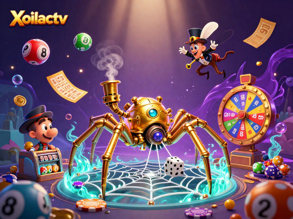 Xoilactv spins winning magic with a lively 3D scene of a golden spider, playful dice, and vibrant lottery elements.