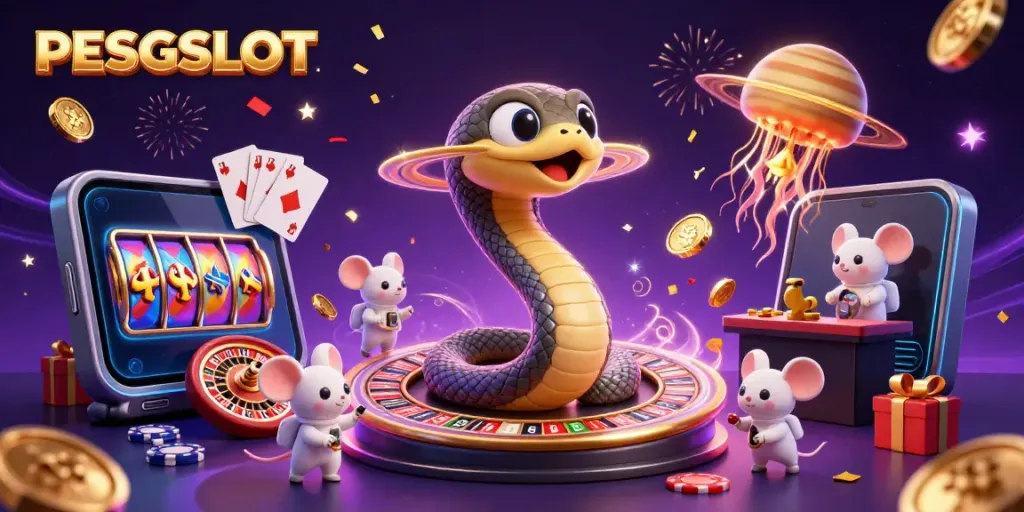 Permainan slot PESGSLOT dengan karakter kartun dan elemen kasino yang meriah.