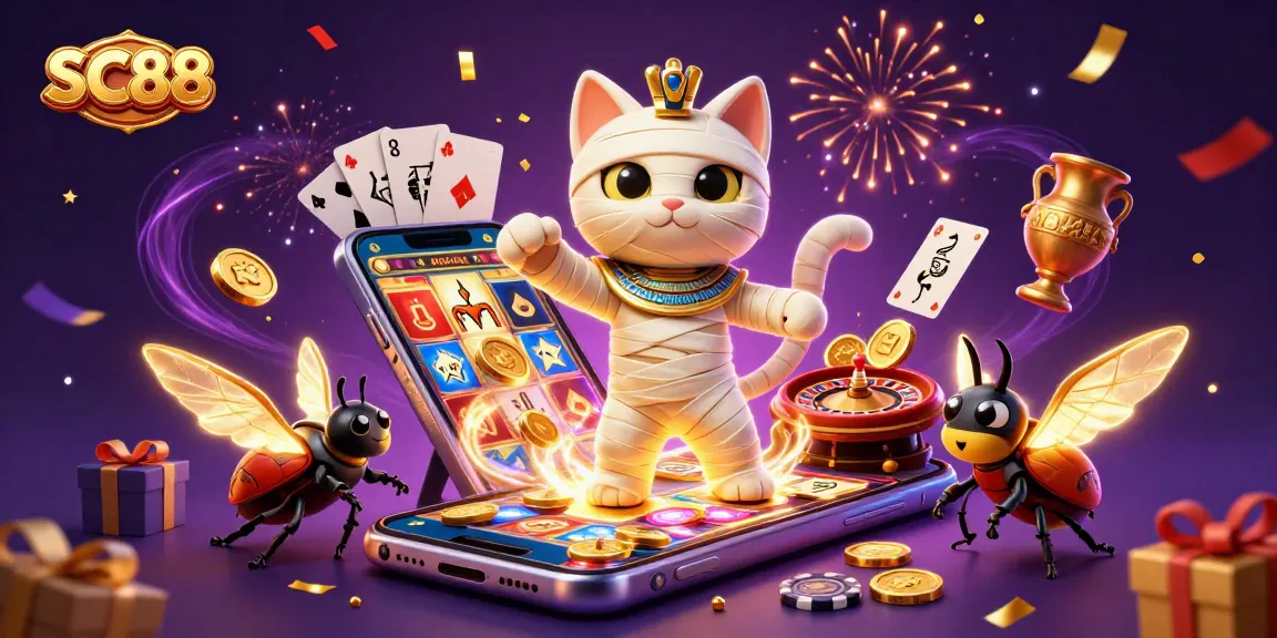 Experience thrilling moments at SC88 with an Egyptian mummy cat bursting into a vibrant casino scene.