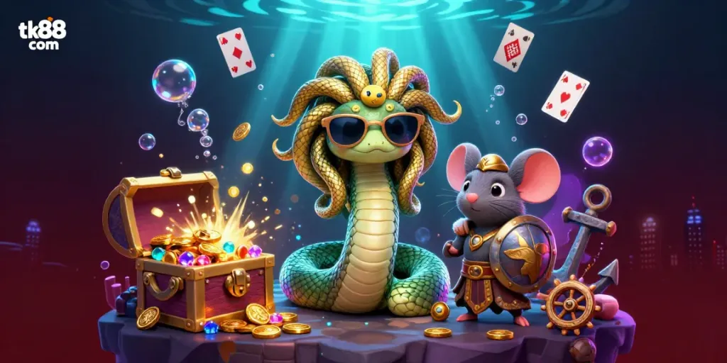 Experience the vibrant excitement of tk88 com's casino world, featuring playful characters and dynamic gambling elements.