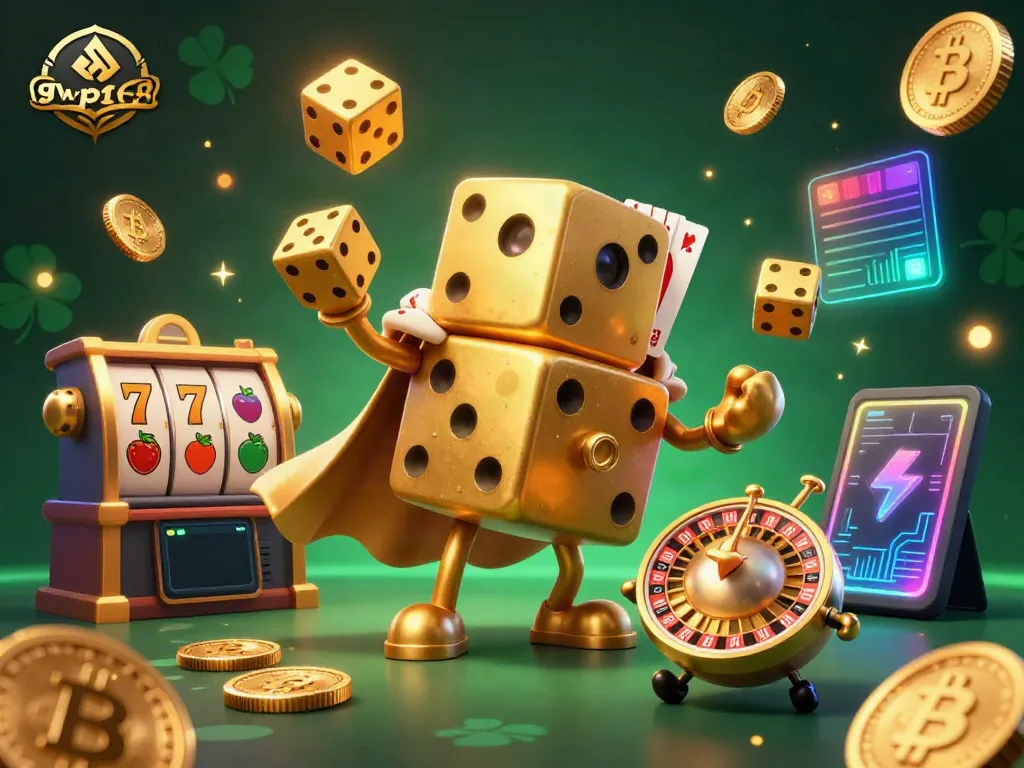 GWP168 merayakan permainan slot online dengan golem dadu emas lucu yang menjuggling dadu lebih kecil, dikelilingi oleh simbol buah.