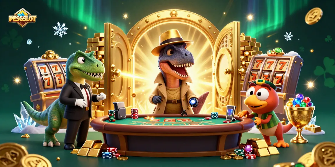 Experience thrilling slots action with PESGSLOT as a velociraptor stealthily counts cards in a vibrant casino.