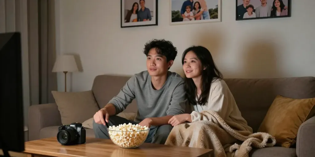 Dua pasangan menonton bokep dengan popcorn di ruang tamu yang nyaman