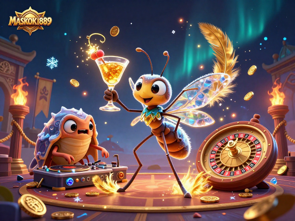 Experience excitement with MASKOKI889's vibrant casino scene featuring a playful mosquito mascot.