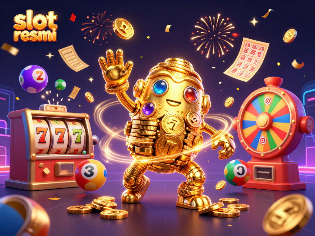 Engage with slot resmi at a lively casino with spinning reels, golden golem, and vibrant lottery balls.