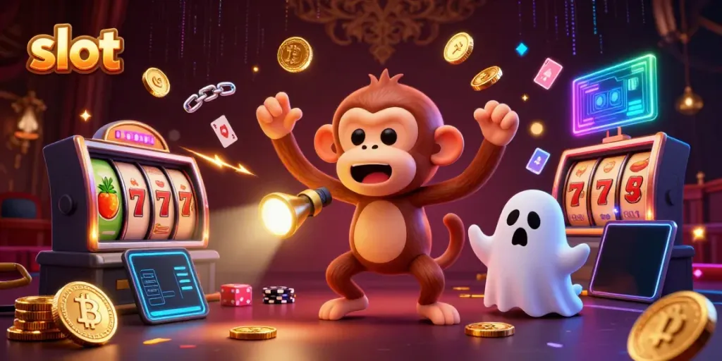 Engaging slot scene with a mischievous monkey and ghost-hunter puppy tracking golden objects in a casino.