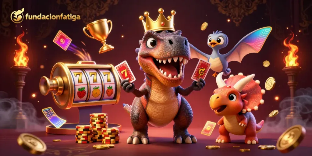 Engaging scene with fundacionfatiga's T-Rex charmingly shuffling cards at a lively casino.